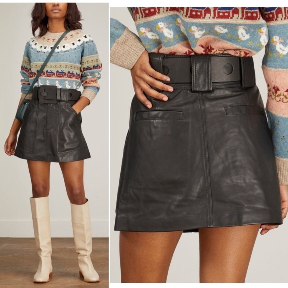 NWT Sea New York Ayden Lamb Leather Mini Skirt with wide belt in Size 0 Black